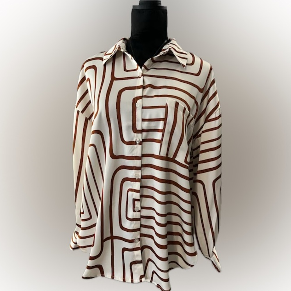 Retro BLU PEPPER Geometric Button-Up Long Sleeve Blouse